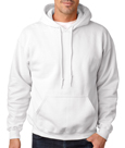 White colored #18500 Gildan Adult Heavy Blend Hooded Sweatshirt.
