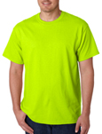 Gildan 5000 safety green colored t-shirts.