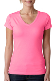 Hot pink color Next Level 3400W The Sporty V Neck T-Shirt with custom logo.