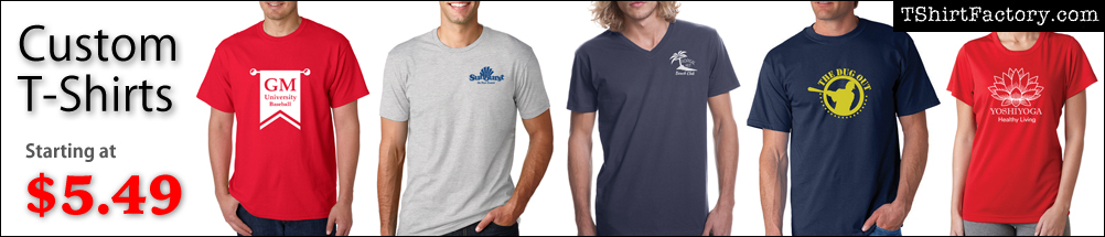 Custom t-shirts starting at $3.11 each. Order custom printed t-shirts for your party or corporate event.